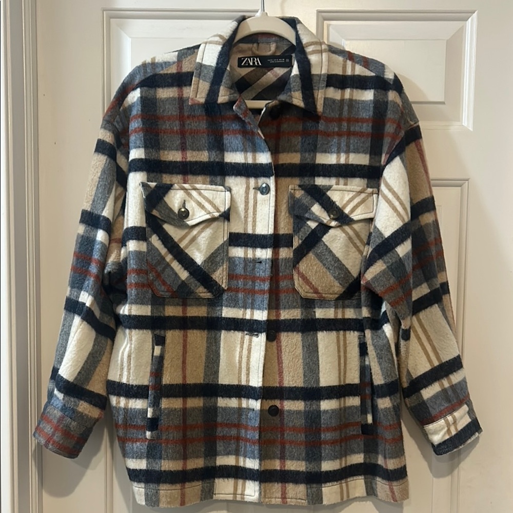 Zara Women's Checkered Utility Jacket - Blue, Cream, and Brown